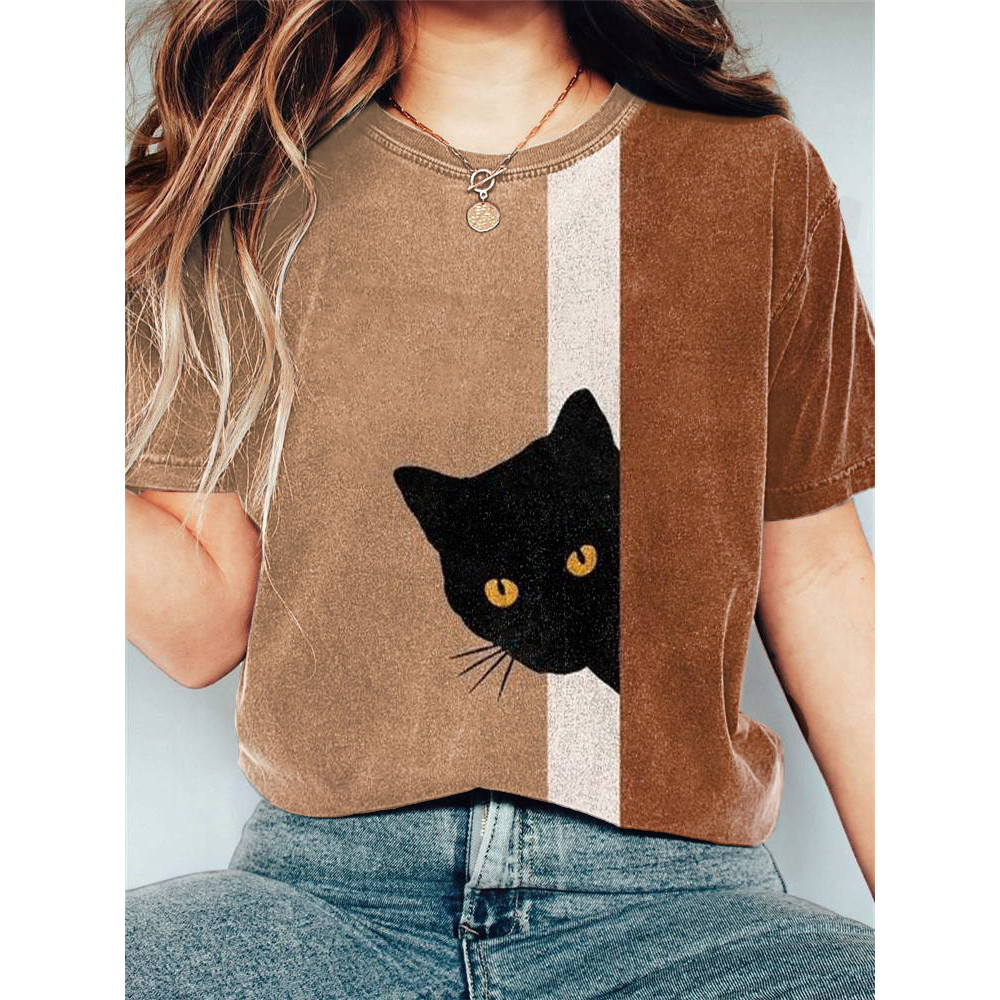 Cute Cat Print Casual Cotton T-Shirt
