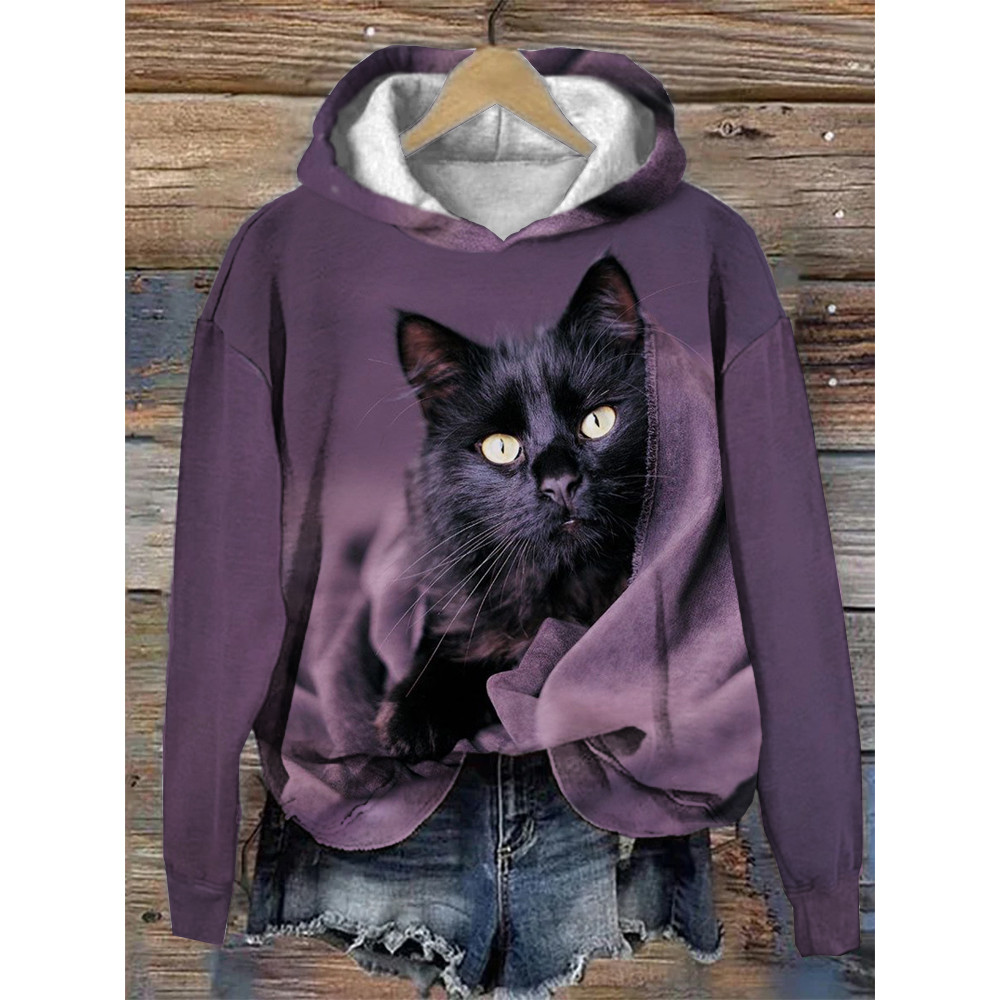 Cute Cat Print Casual Cozy Hoodie