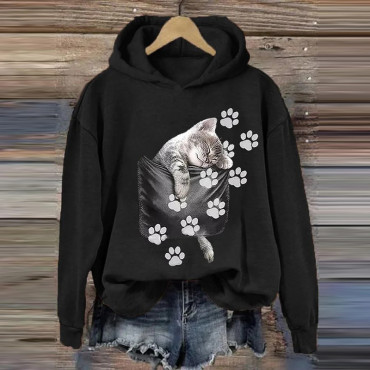 Cute Cat Print Casual Hoodie