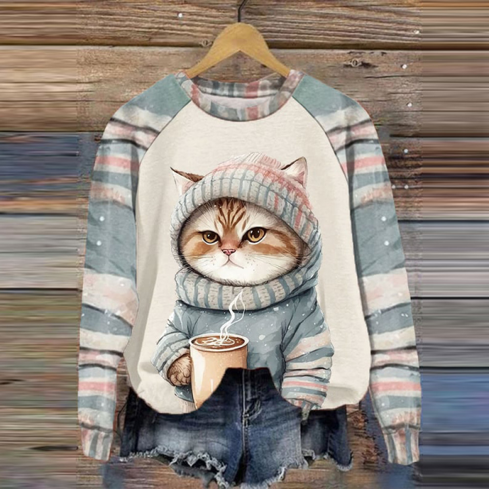 Cute Cat Print Casual Long Sleeve Sweatshirt