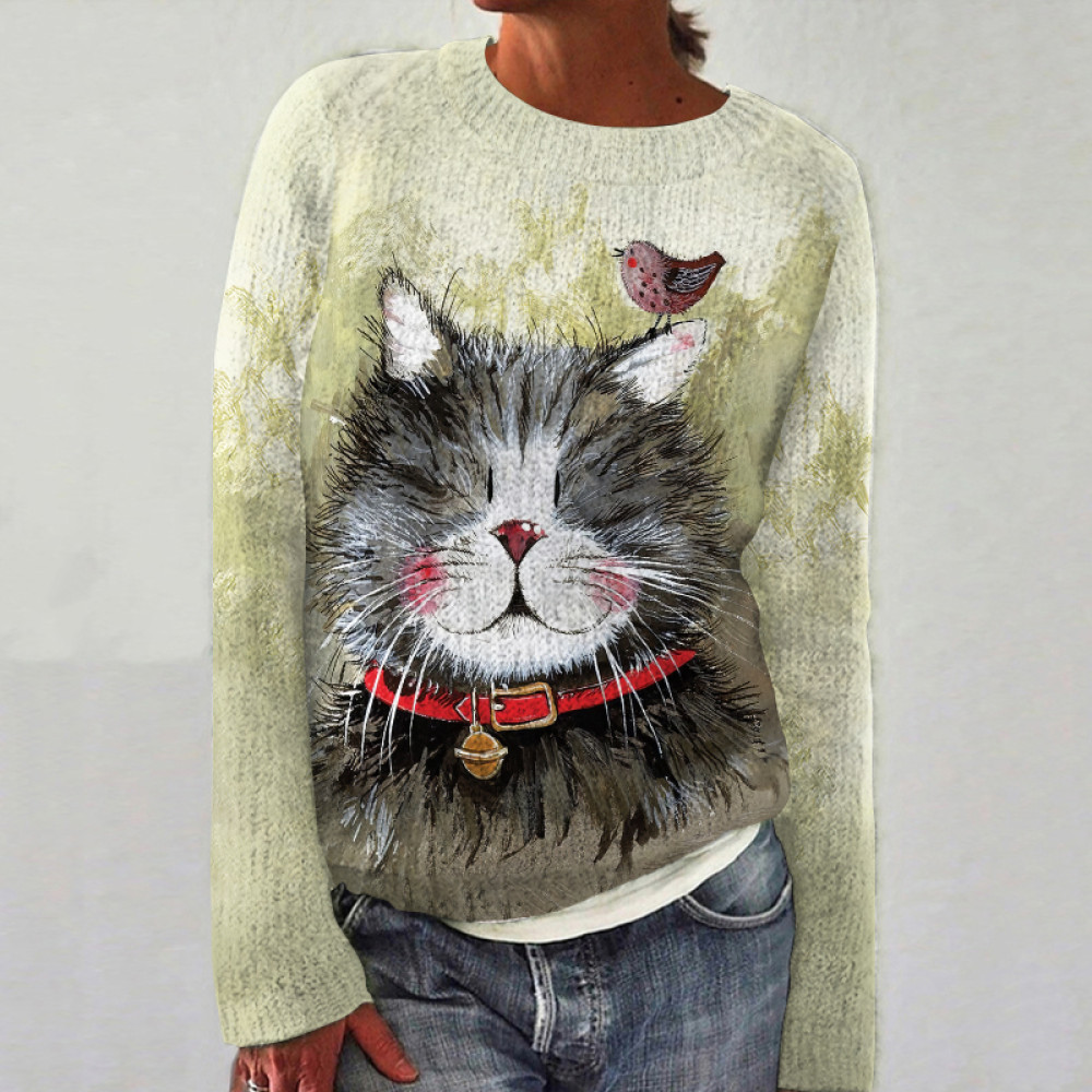 Cute Cat Print Crew Neck Knitted Sweater