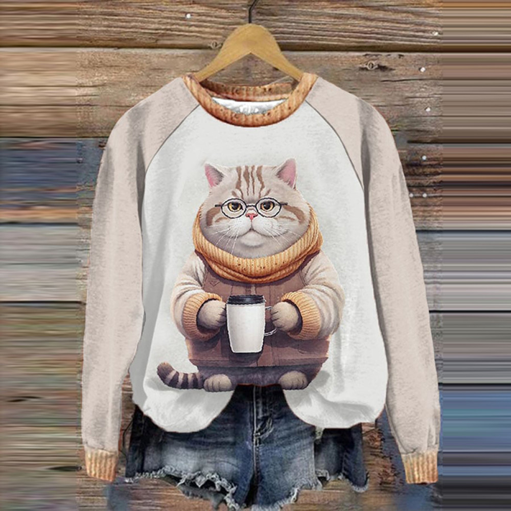 Cute Cat Print Crew Neck Sweatshirt