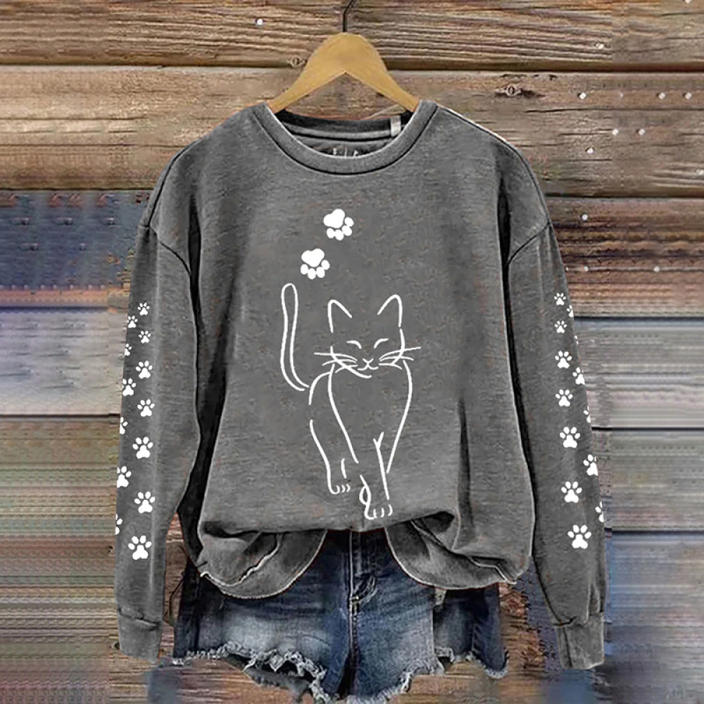 Cute Cat Print Crew Neck Sweatshirt