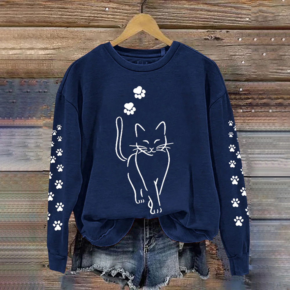 Cute Cat Print Crew Neck Sweatshirt