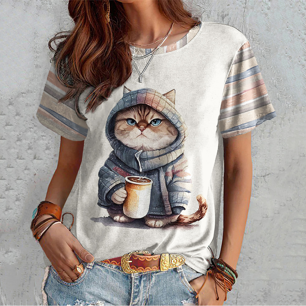 Cute Cat Print Crew Neck T-Shirt