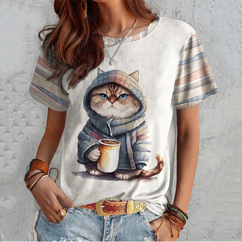 Cute Cat Print Crew Neck T-Shirt