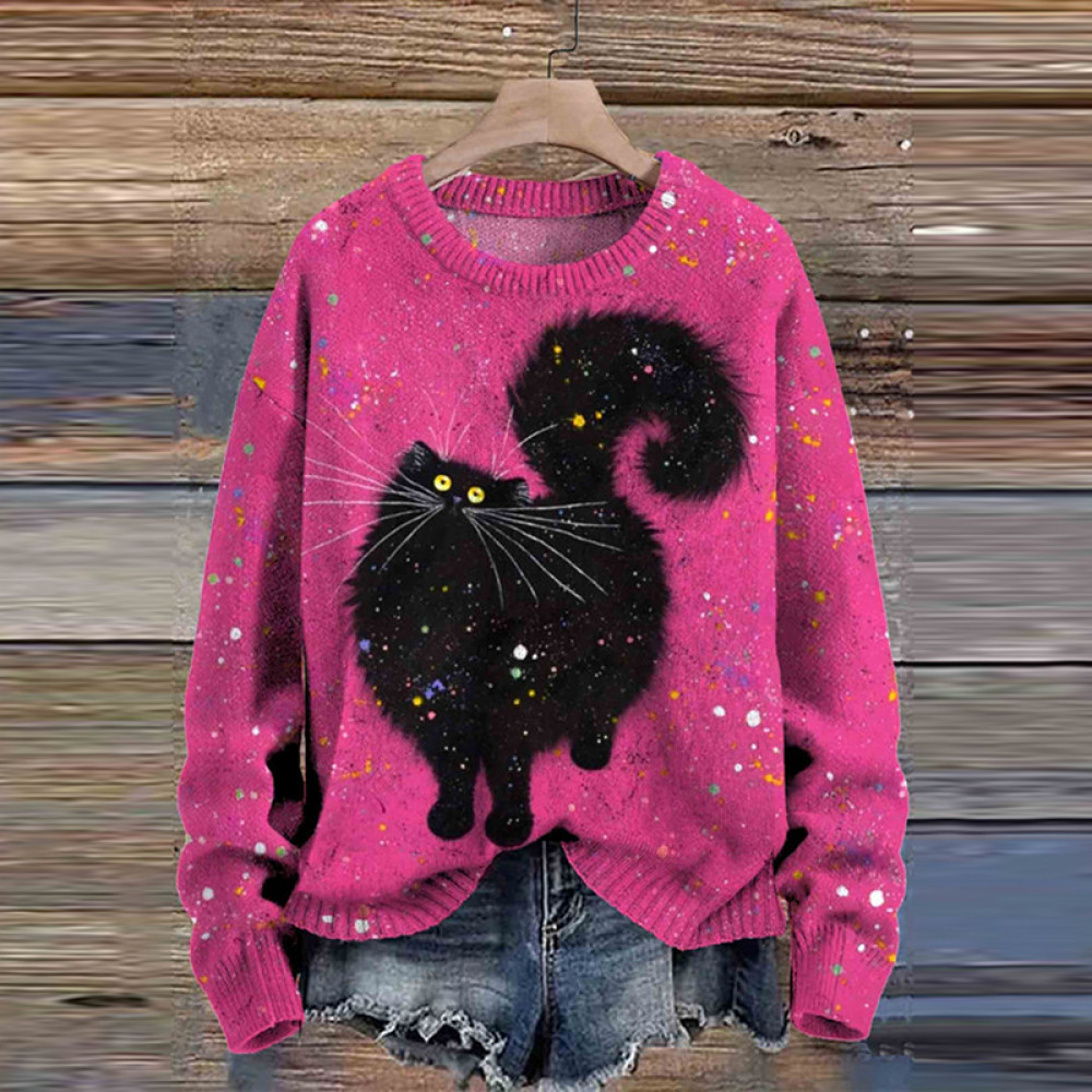 Cute Cat Print Knit Pullover Sweater