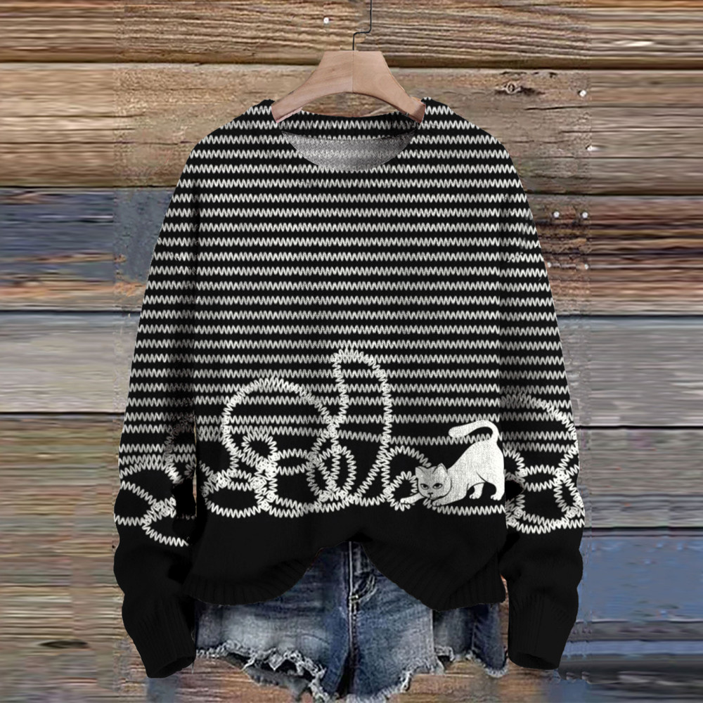 Cute Cat Print Knit Pullover Sweater