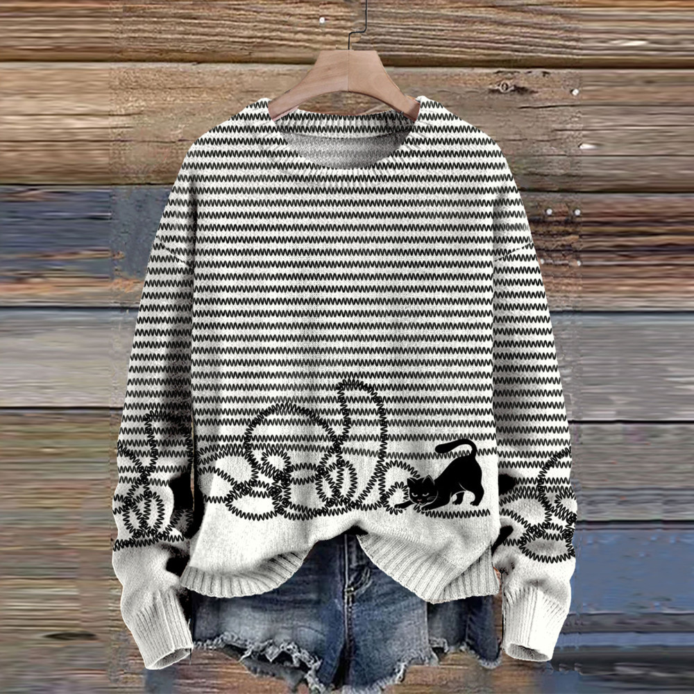 Cute Cat Print Knit Pullover Sweater