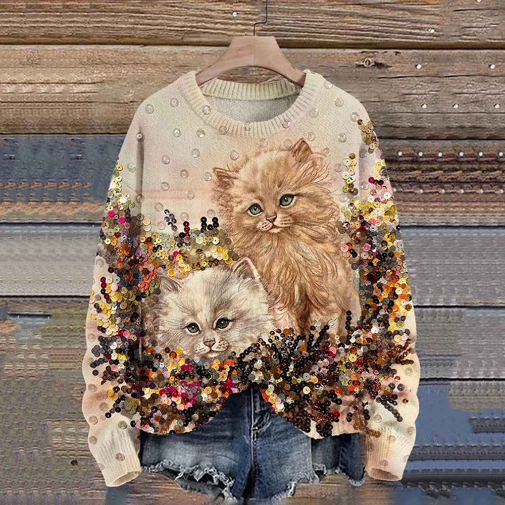 Cute Cat Print Knitted Pullover Sweater