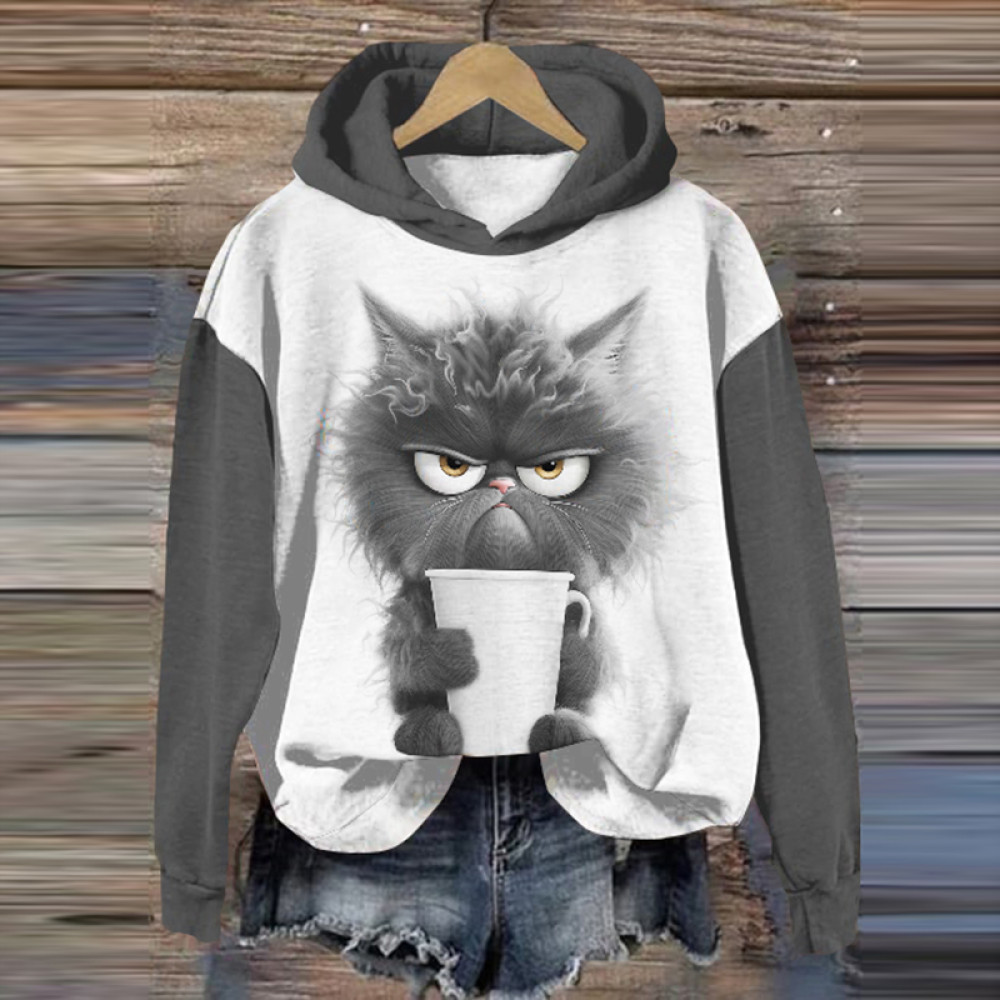 Cute Cat Print Long Sleeve Casual Hoodie