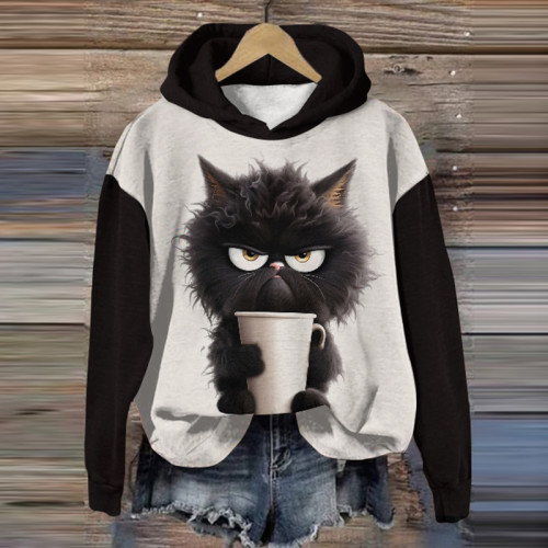 Cute Cat Print Long Sleeve Casual Hoodie