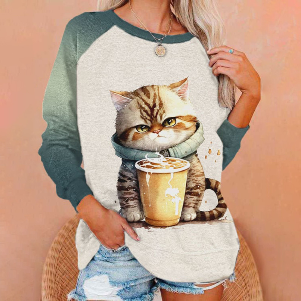 Cute Cat Print Long Sleeve Casual Sweatshirt