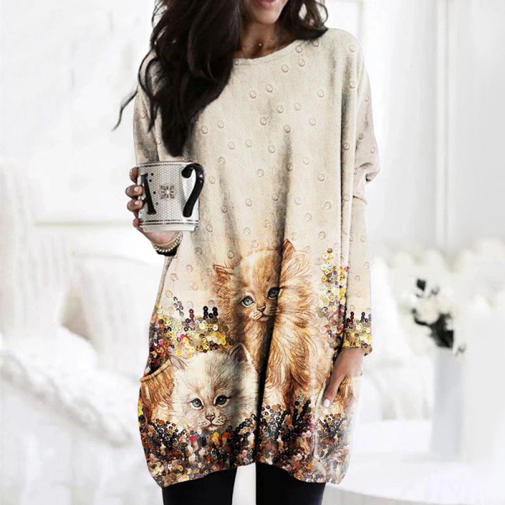 Cute Cat Print Long Sleeve Casual Tunic