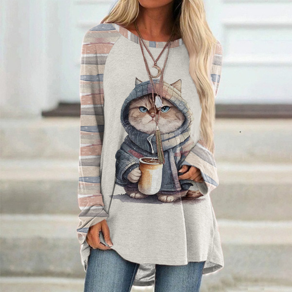 Cute Cat Print Long Sleeve Casual Tunic