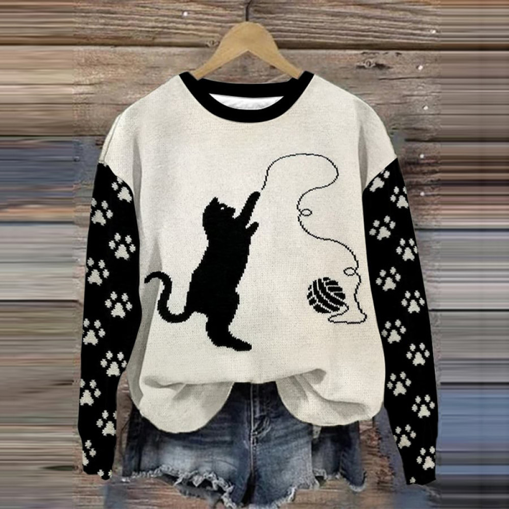Cute Cat Print Round Neck Casual Sweatshirt