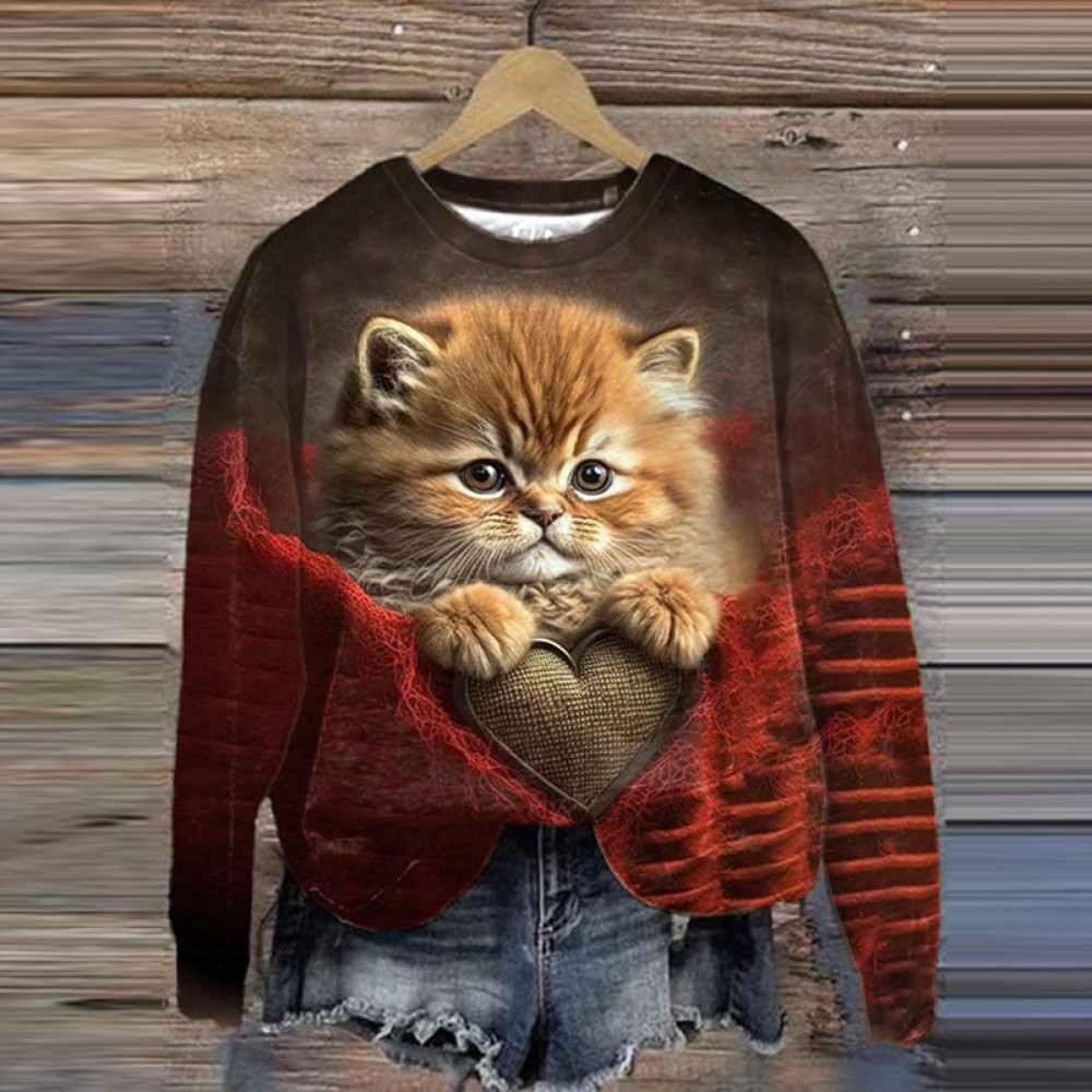 Cute Cat Print Round Neck Casual Sweatshirt