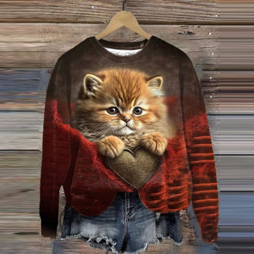 Cute Cat Print Round Neck Casual Sweatshirt
