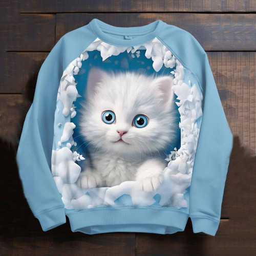 Cute Cat Print Round Neck Casual Sweatshirt