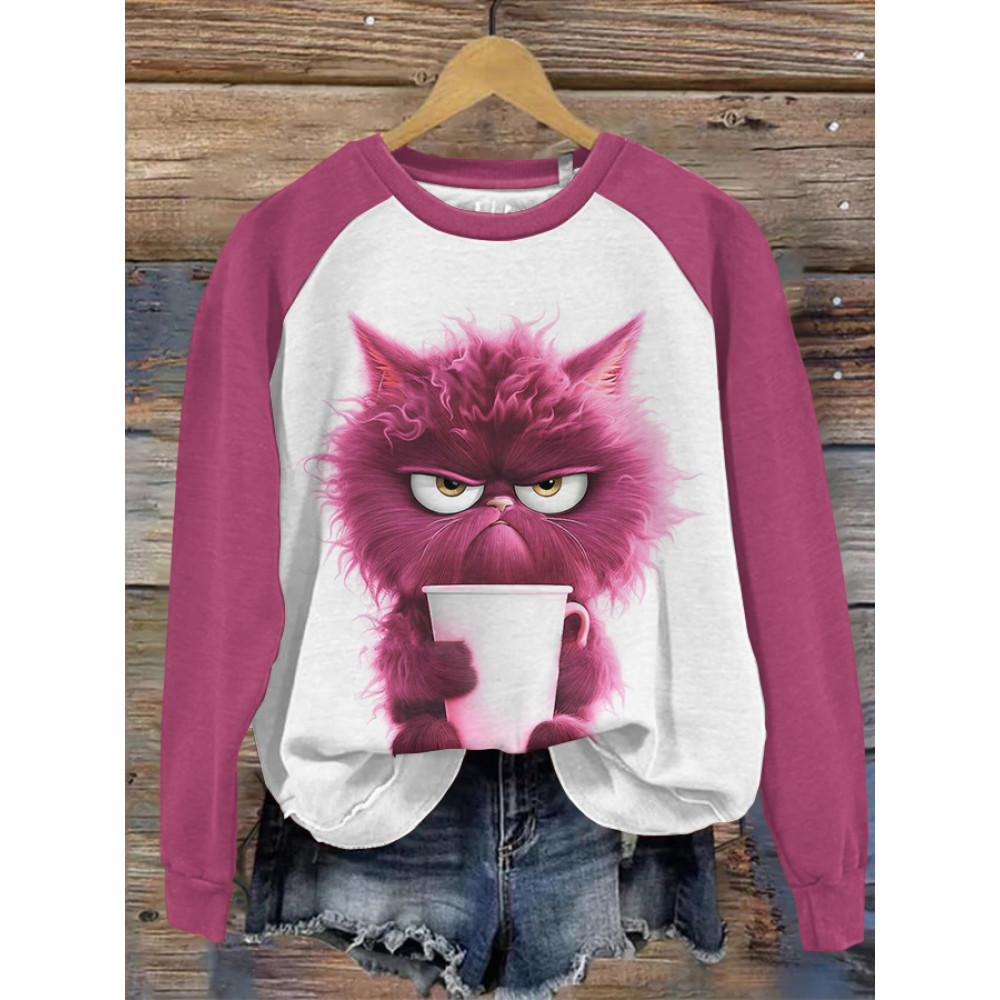 Cute Cat Print Round Neck Long Sleeve Sweatshirt