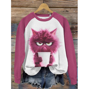 Cute Cat Print Round Neck Long Sleeve Sweatshirt