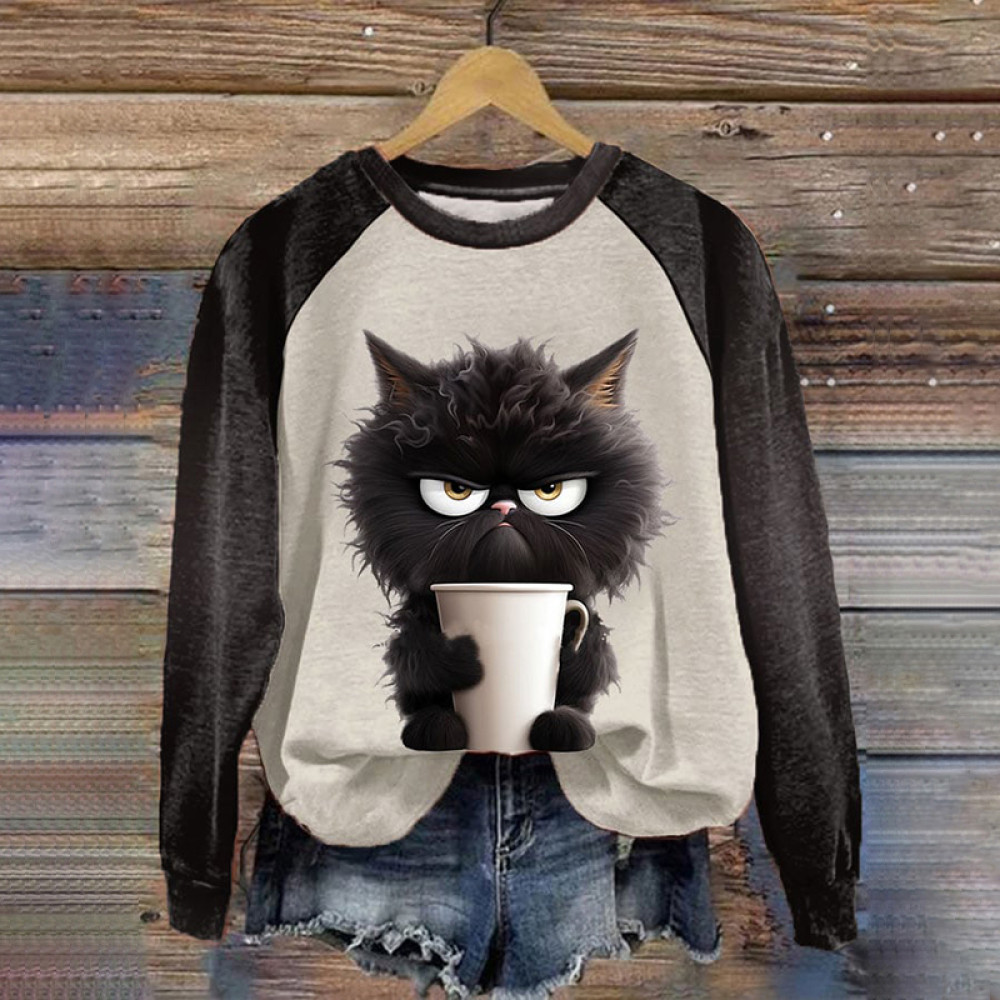 Cute Cat Print Round Neck Long Sleeve Sweatshirt
