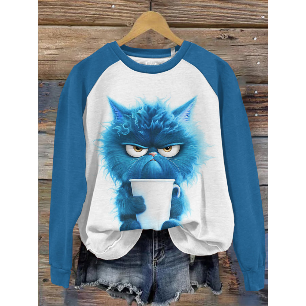Cute Cat Print Round Neck Long Sleeve Sweatshirt