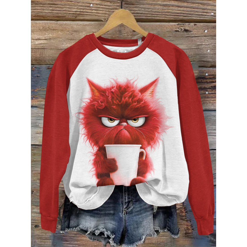 Cute Cat Print Round Neck Long Sleeve Sweatshirt