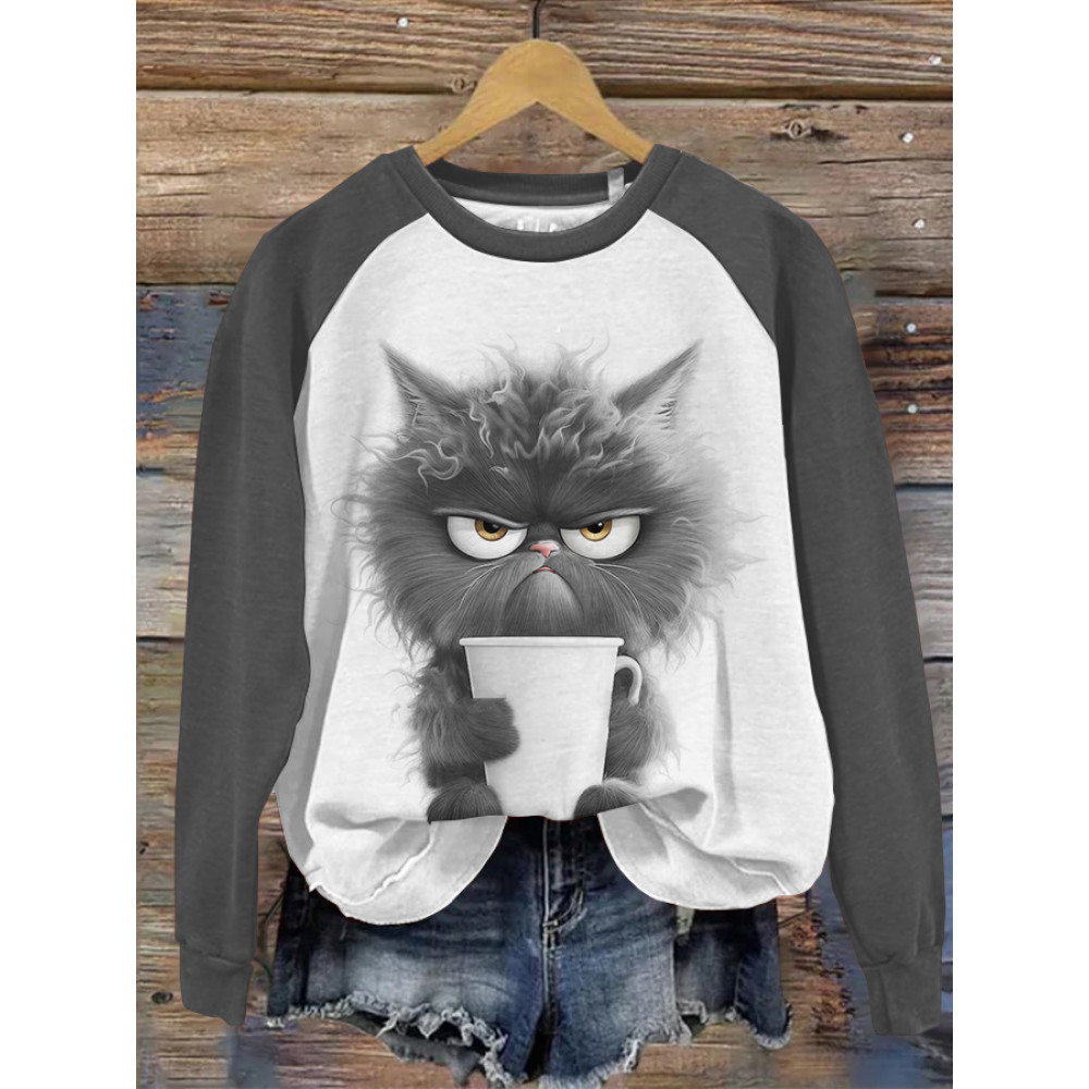 Cute Cat Print Round Neck Long Sleeve Sweatshirt