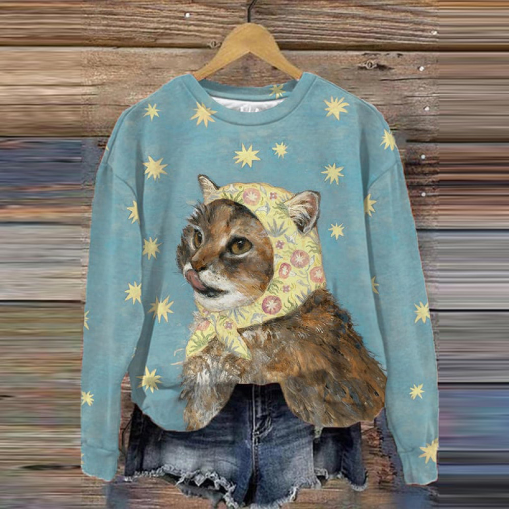 Cute Cat Print Round Neck Long Sleeve Sweatshirt
