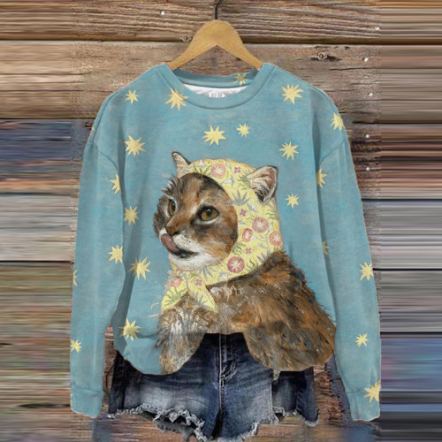 Cute Cat Print Round Neck Long Sleeve Sweatshirt