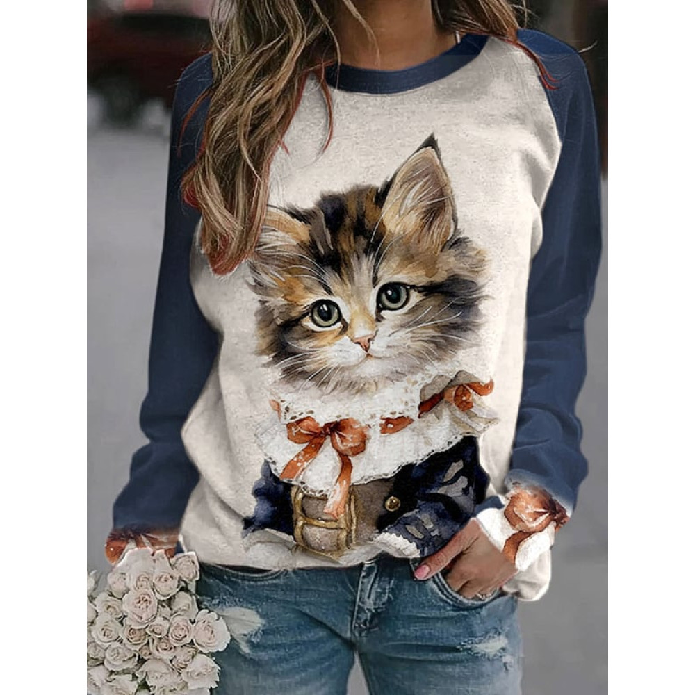 Cute Cat Print Round Neck Long Sleeve Sweatshirt