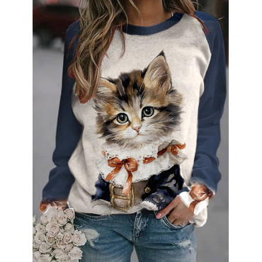 Cute Cat Print Round Neck Long Sleeve Sweatshirt