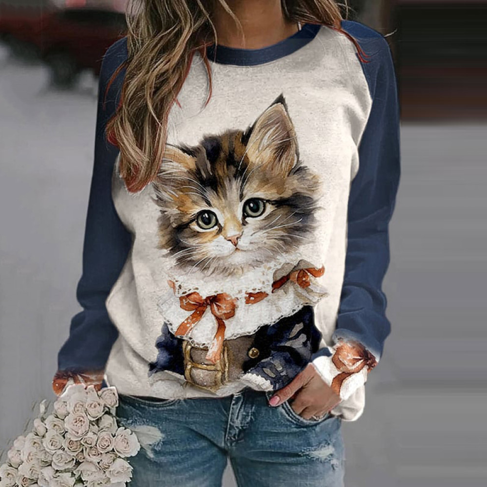 Cute Cat Print Round Neck Long Sleeve Sweatshirt