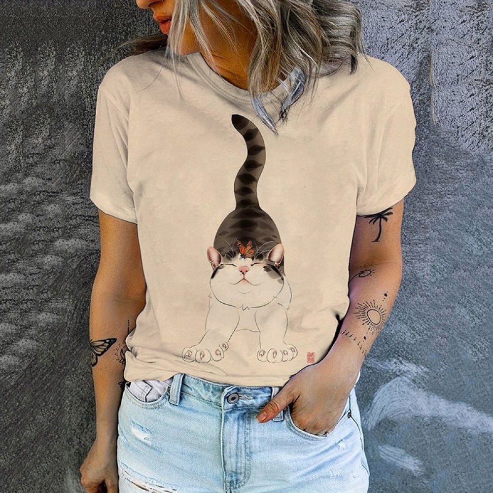 Cute Cat Print Round Neck Short Sleeve T-Shirt