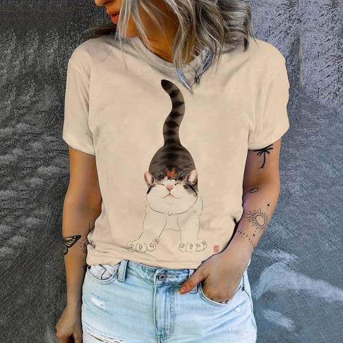 Cute Cat Print Round Neck Short Sleeve T-Shirt