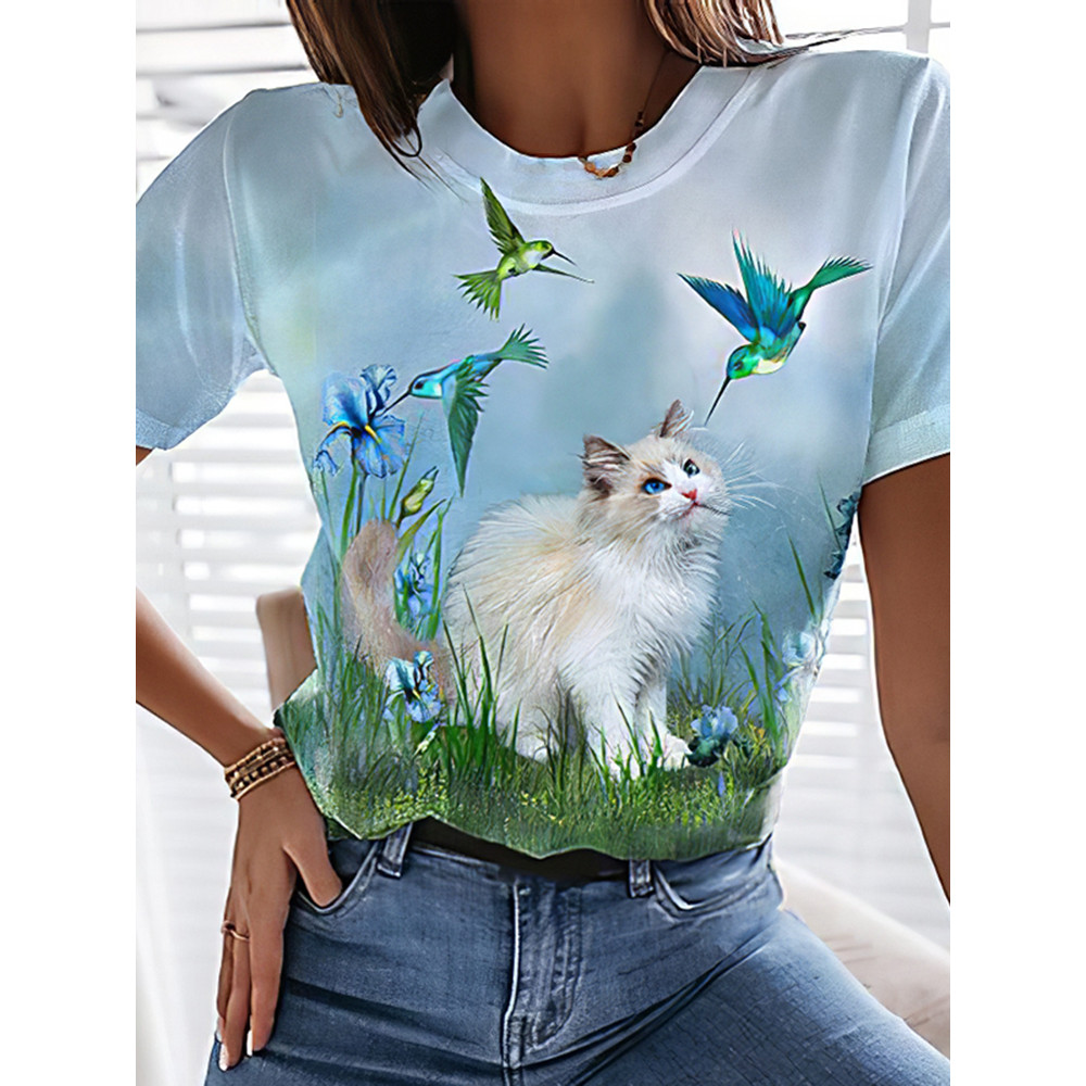Cute Cat Print Short Sleeve T-Shirt