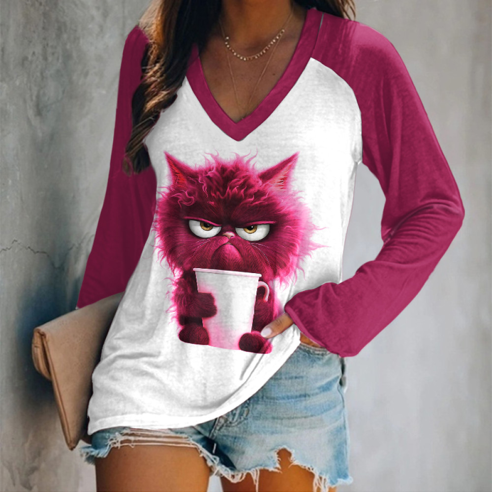 Cute Cat Print V-Neck Long Sleeved T-Shirt