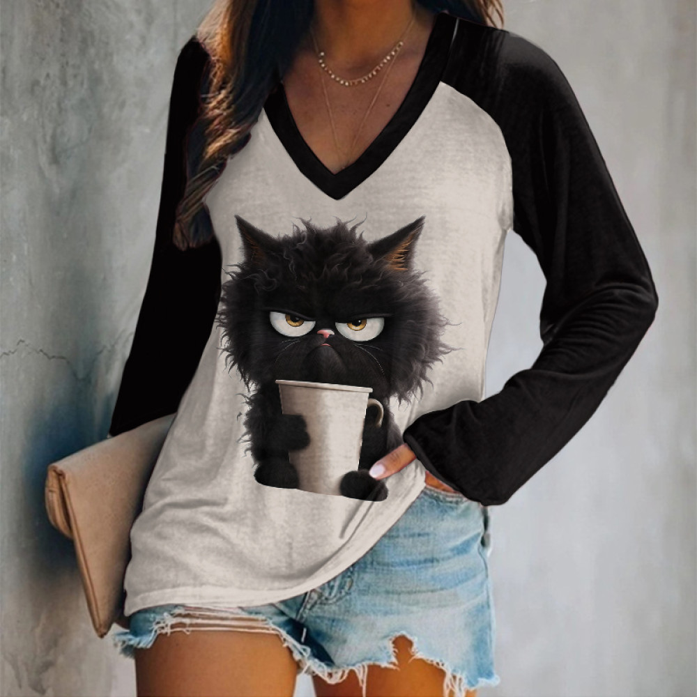 Cute Cat Print V-Neck Long Sleeved T-Shirt