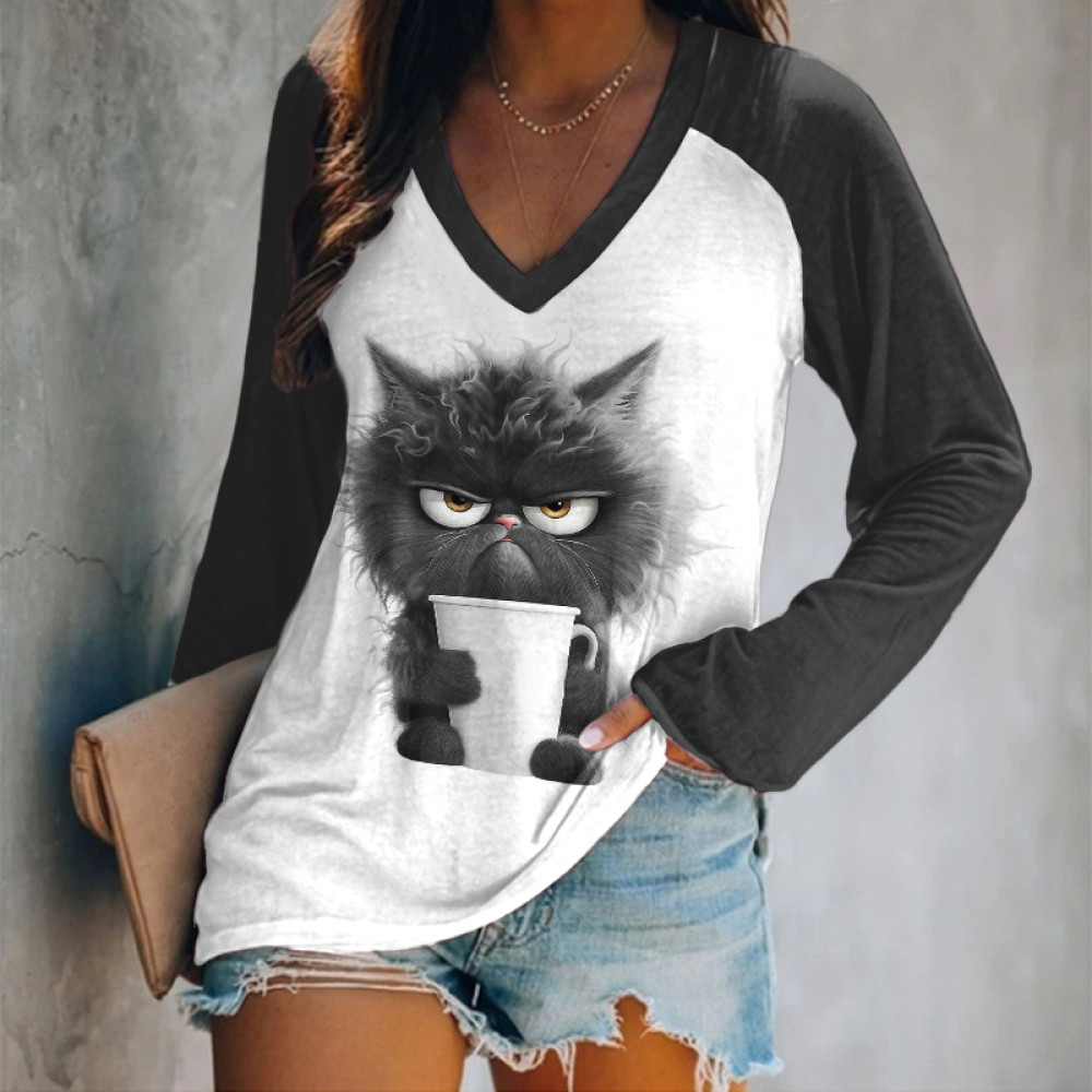 Cute Cat Print V-Neck Long Sleeved T-Shirt