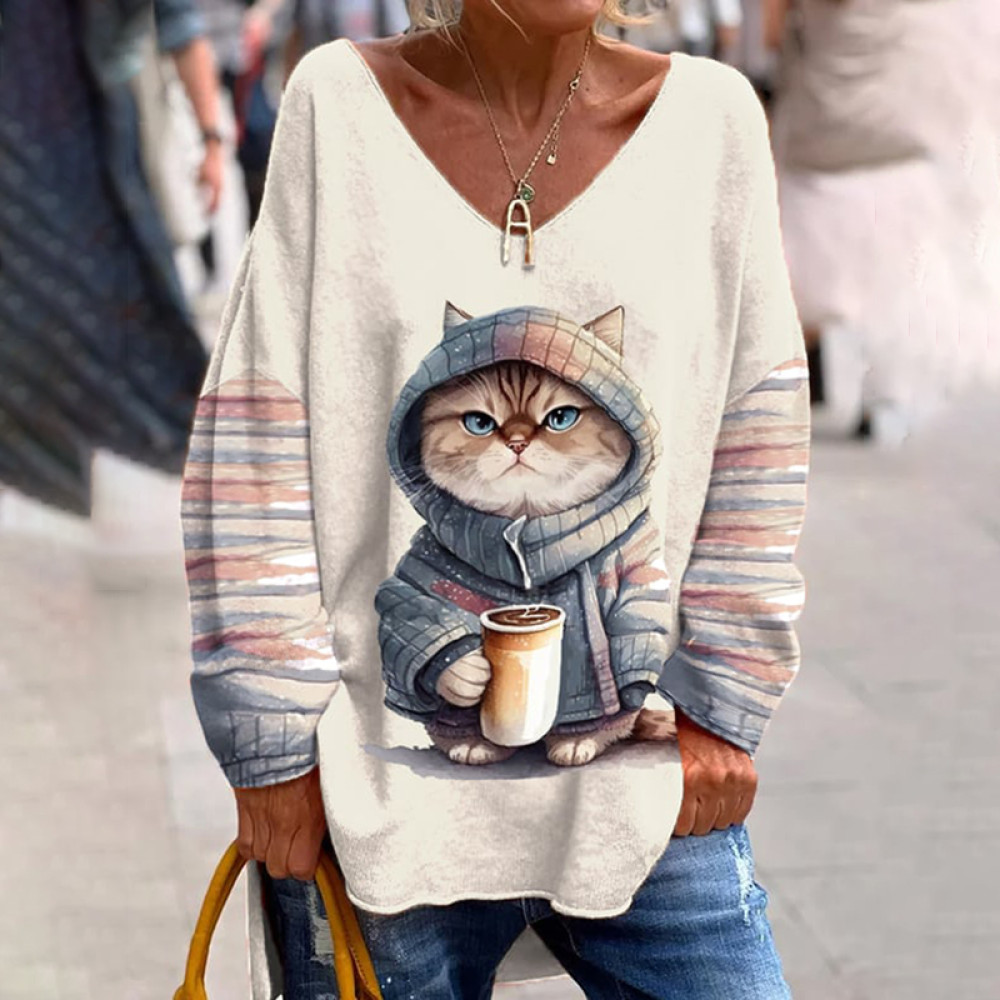Cute Cat Print V-Neck Loose T-Shirt