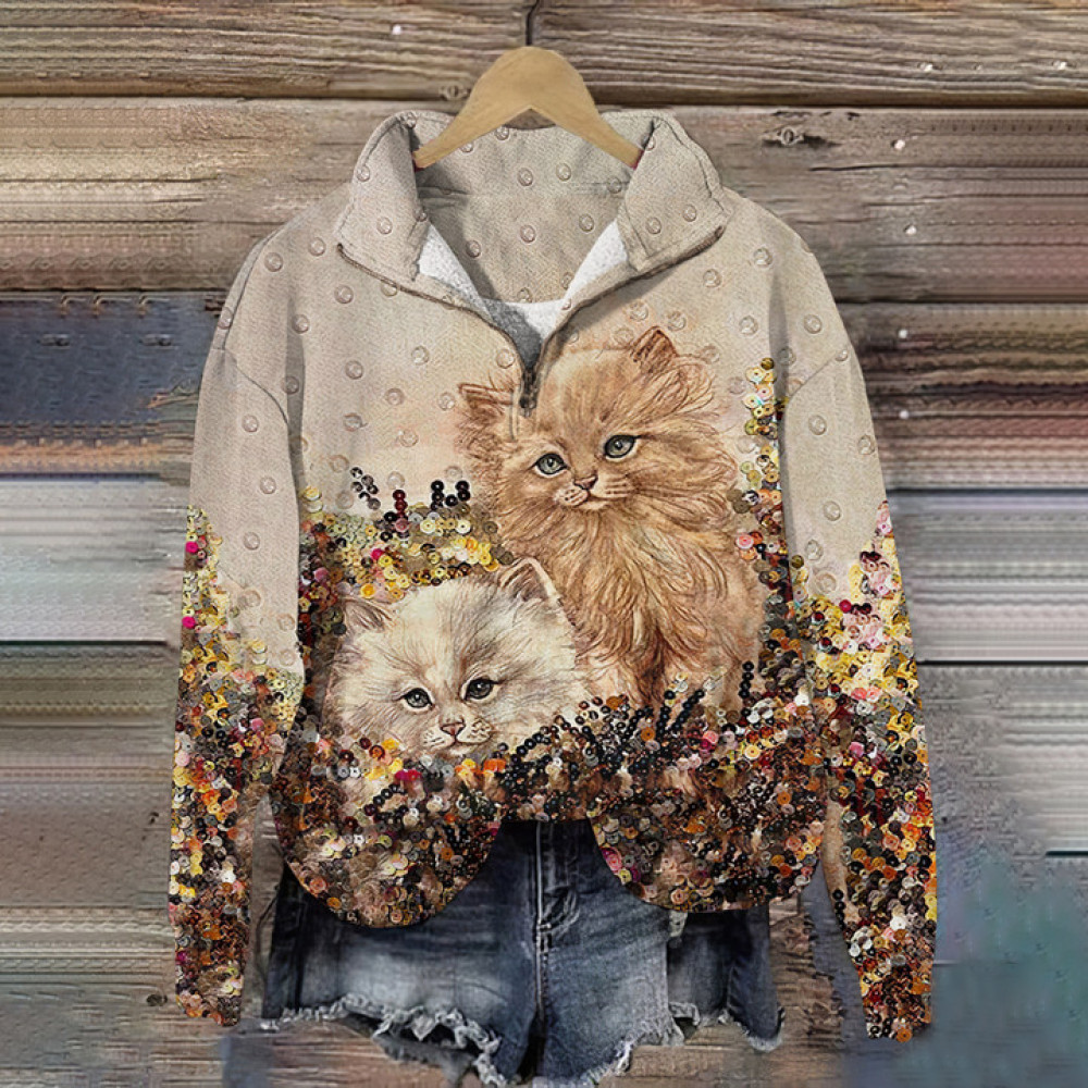 Cute Cat Print V-Neck Zipper Casual Sweatshirt