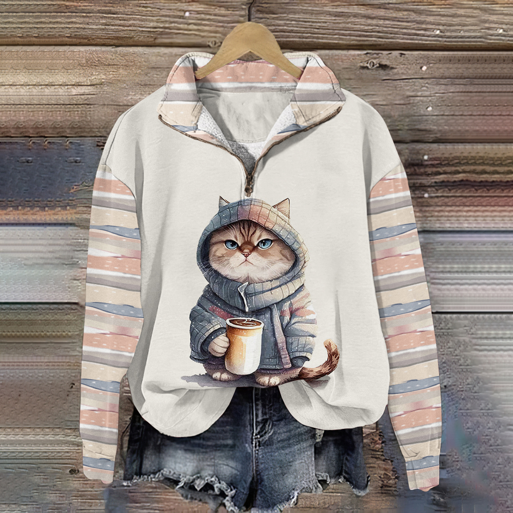 Cute Cat Print V-Neck Zipper Casual Sweatshirt
