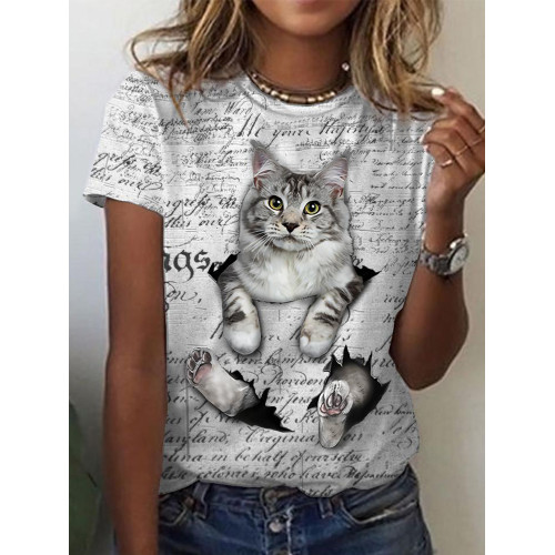 Cute Cat Printed Casual Tee