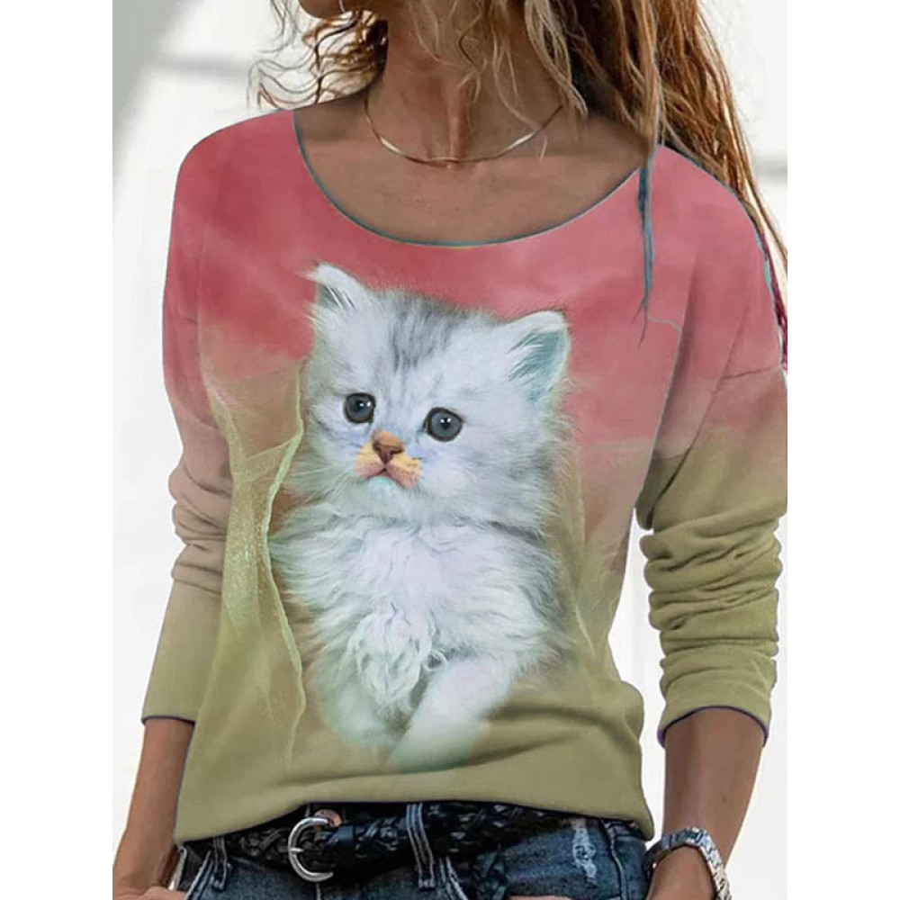 Cute Cat Printed Long-Sleeve T-Shirt
