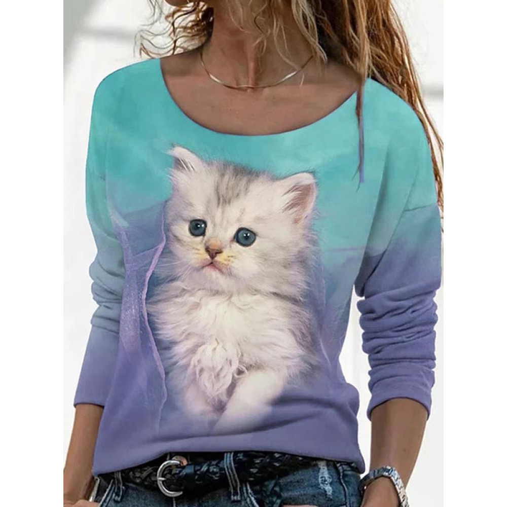 Cute Cat Printed Long-Sleeve T-Shirt