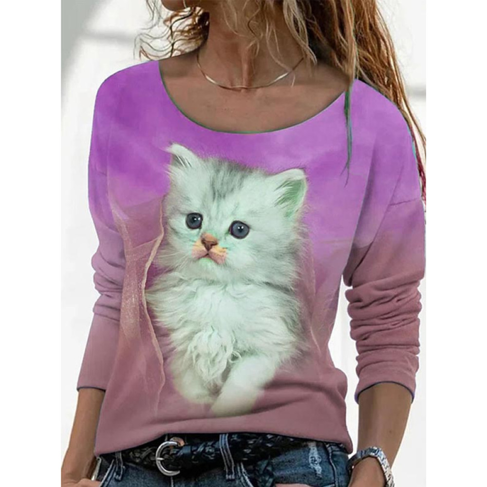 Cute Cat Printed Long-Sleeve T-Shirt
