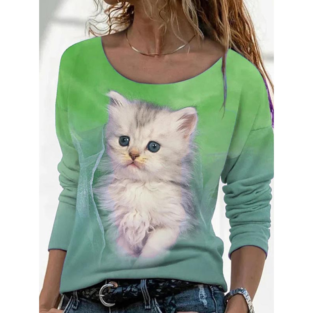 Cute Cat Printed Long-Sleeve T-Shirt