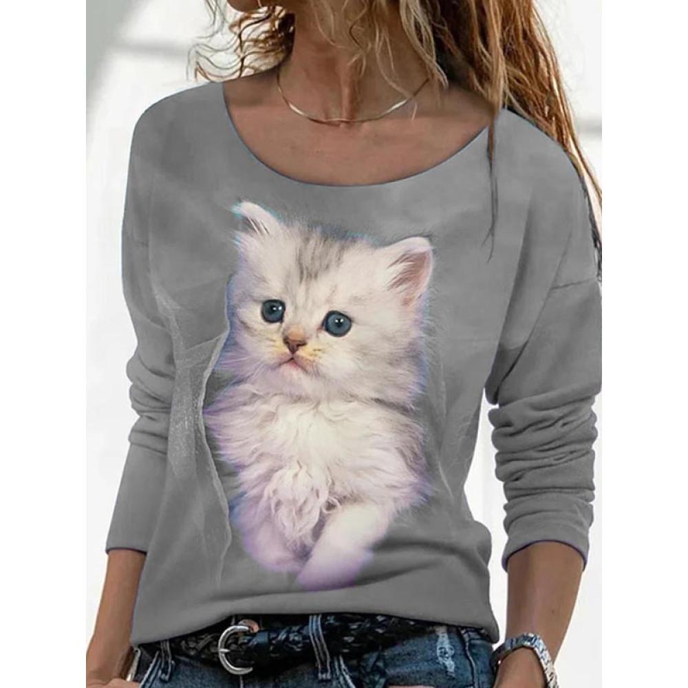 Cute Cat Printed Long-Sleeve T-Shirt