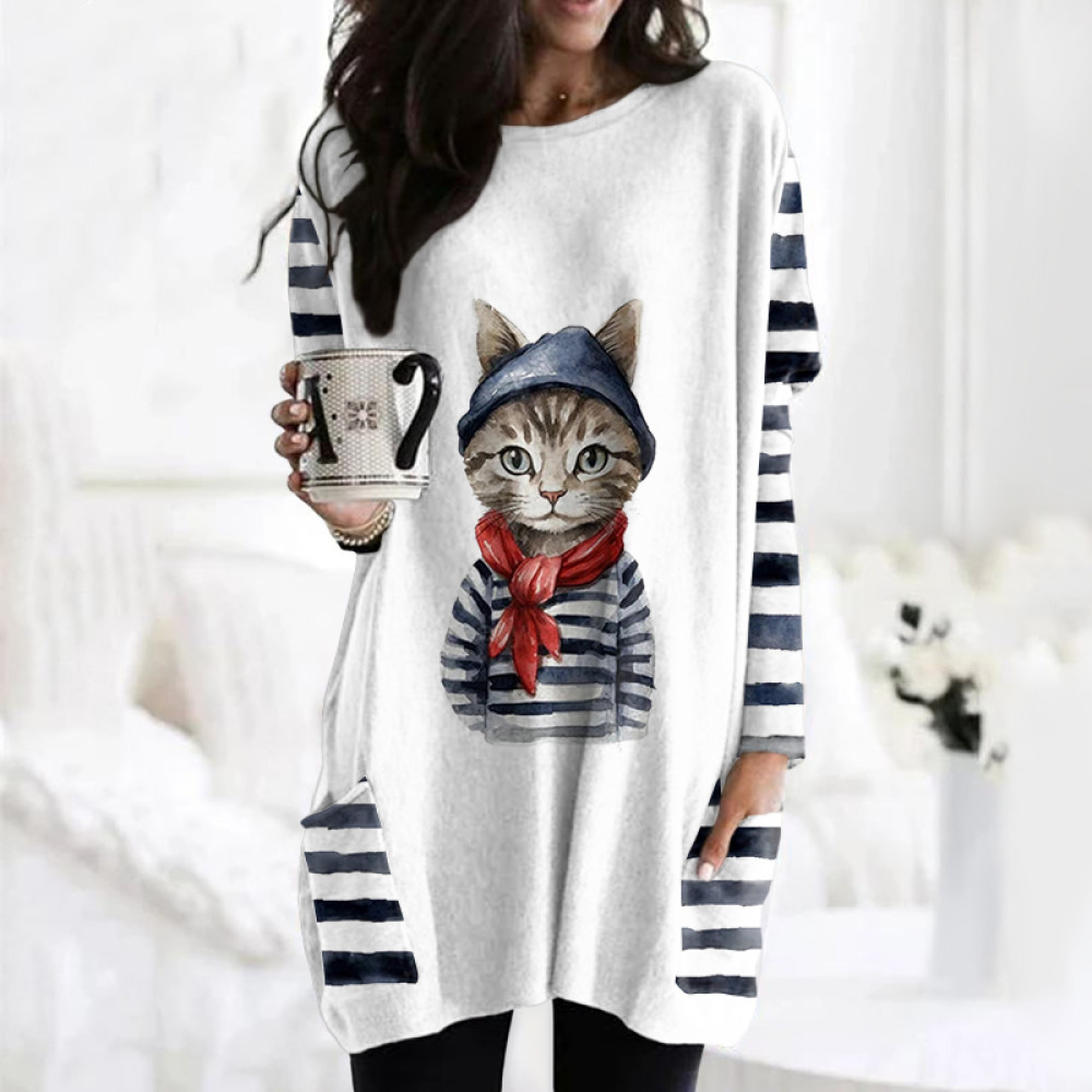 Cute Cat Stripes Pattern Color Block Patch Pocket Comfy Tunic
